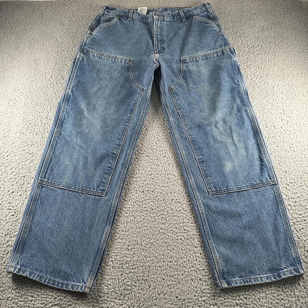Vtg Carhartt Carpenter Pants Mens 38x30 Blue Denim USA B73 Double Knee Workwear